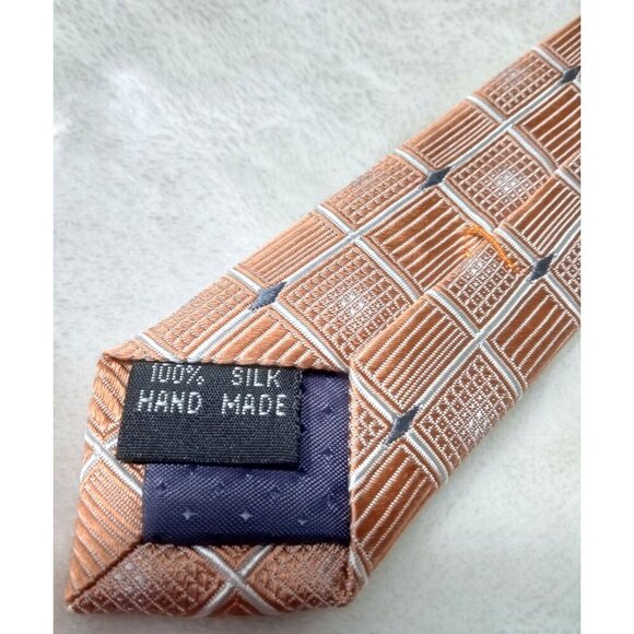 Bruno Piattelli Mens Orange/White Grid Pattern Silk Tie - Picture 5 of 7